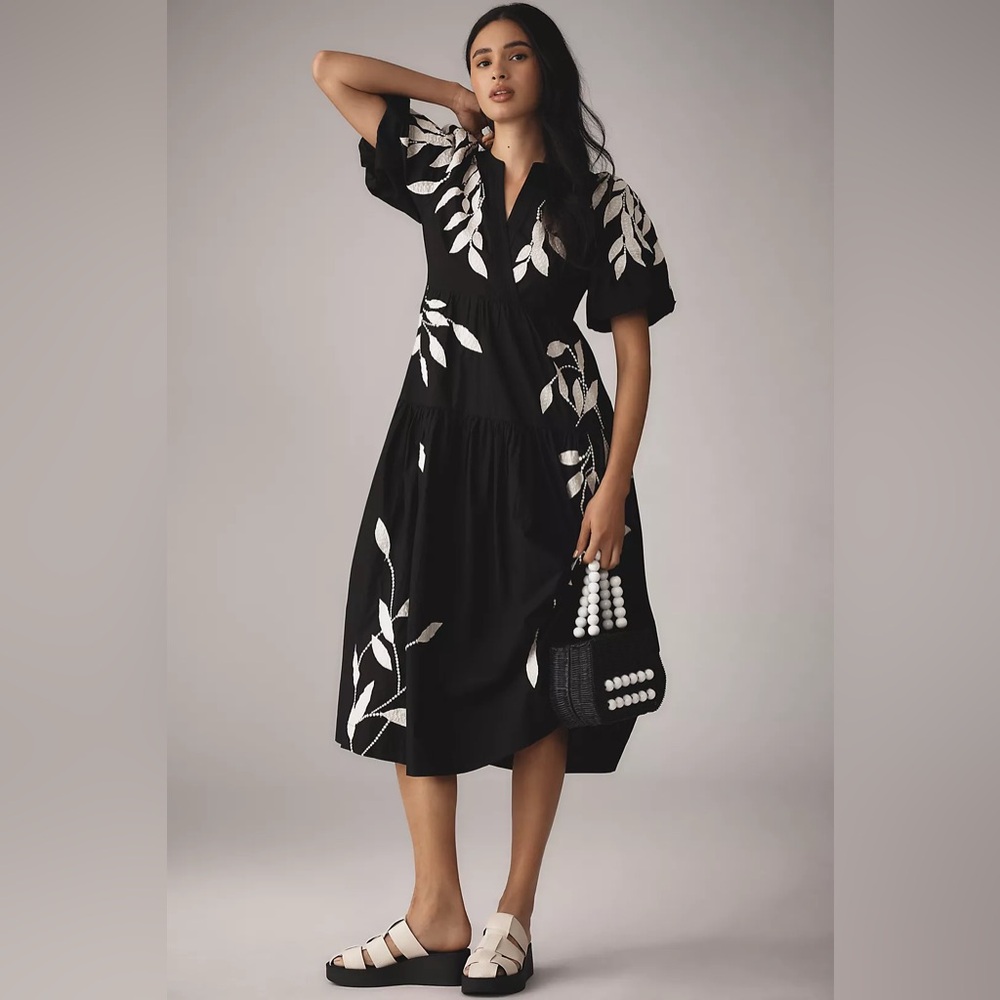 Anthropologie By Anthropologie Short-Sleeve Embroidery Appliqué Maxi Dress